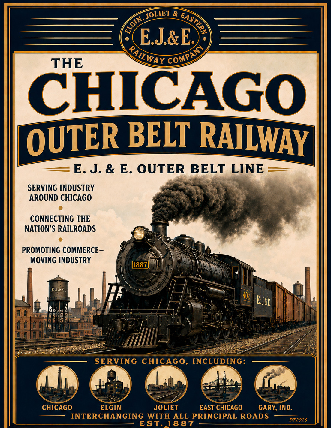 Chicago EJ&E Railway outer belt railroad trave art vintage style 13 x 19 inch