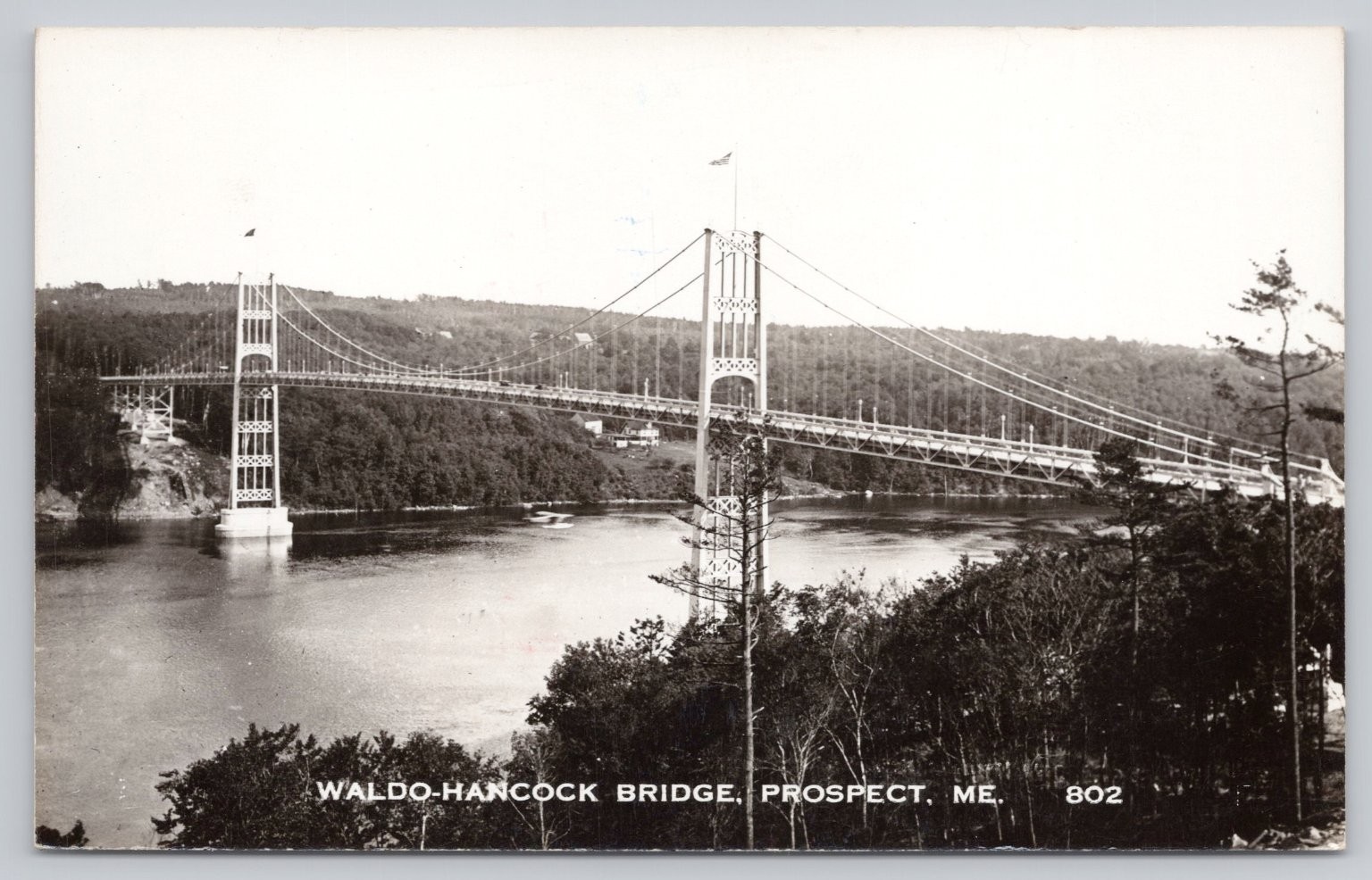 Waldo-Hancock Bridge Prospect ME RPPC Vintage Suspension Bridge Postcard