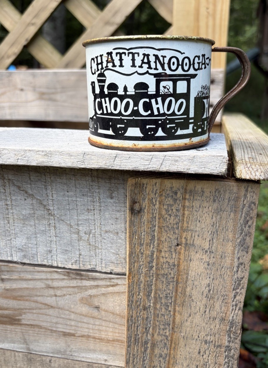 Vintage Chattanooga Choo Choo Train Enamel Metal Mug Cup Rustic Decor