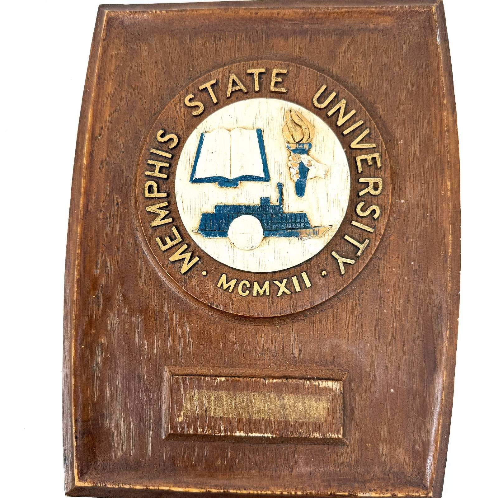 Vintage Memphis State University Shield Wall Plaque Wood Fenwood 1970s Retro