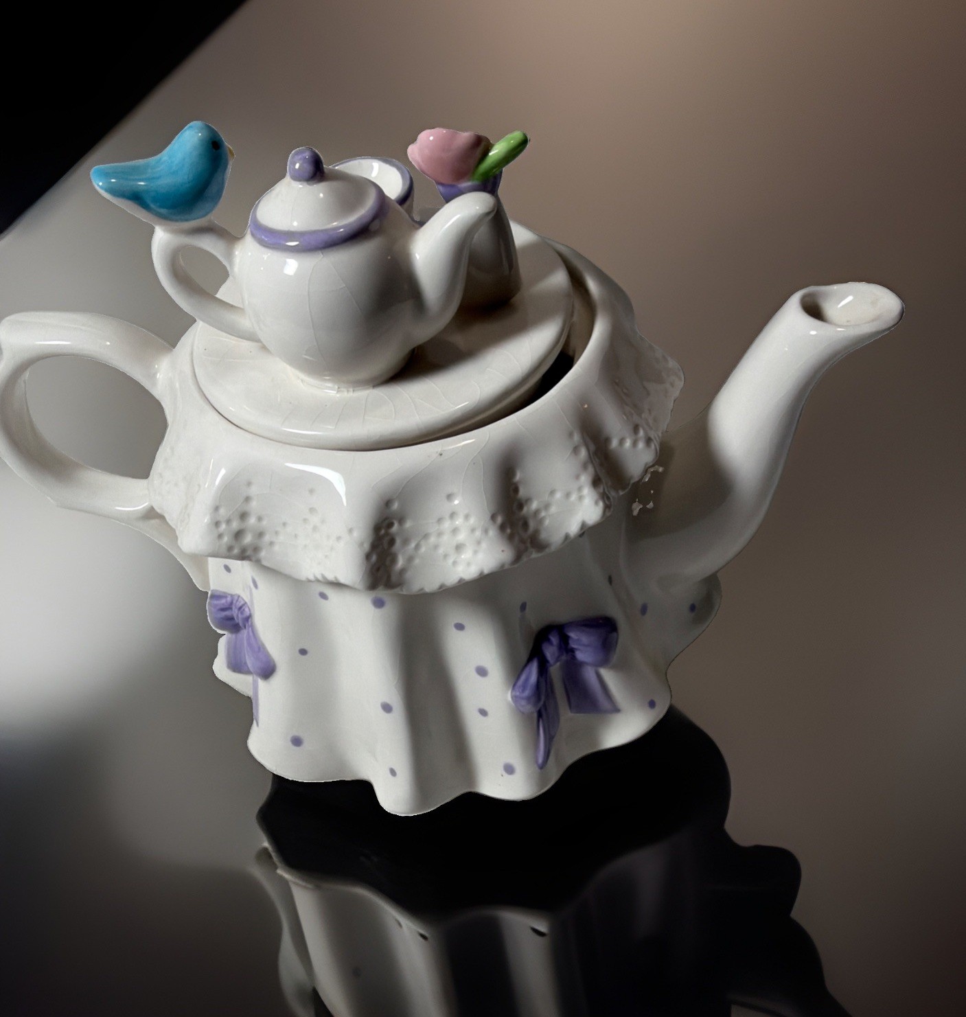 Vintage Teleflora Tea Pot Purple Bows Blue Bird and Purple Flower