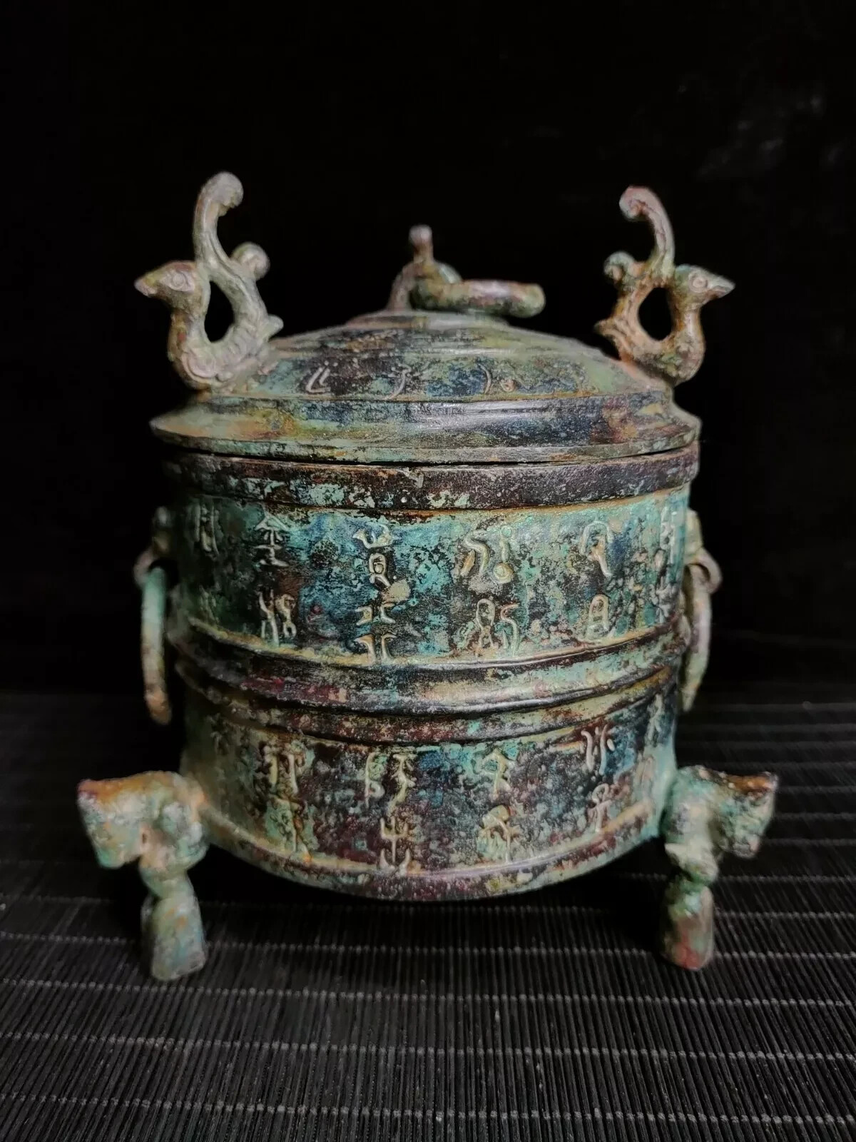 Fengshui old chinese Warring States Bronze - Standing Bird Inscription Bunker——