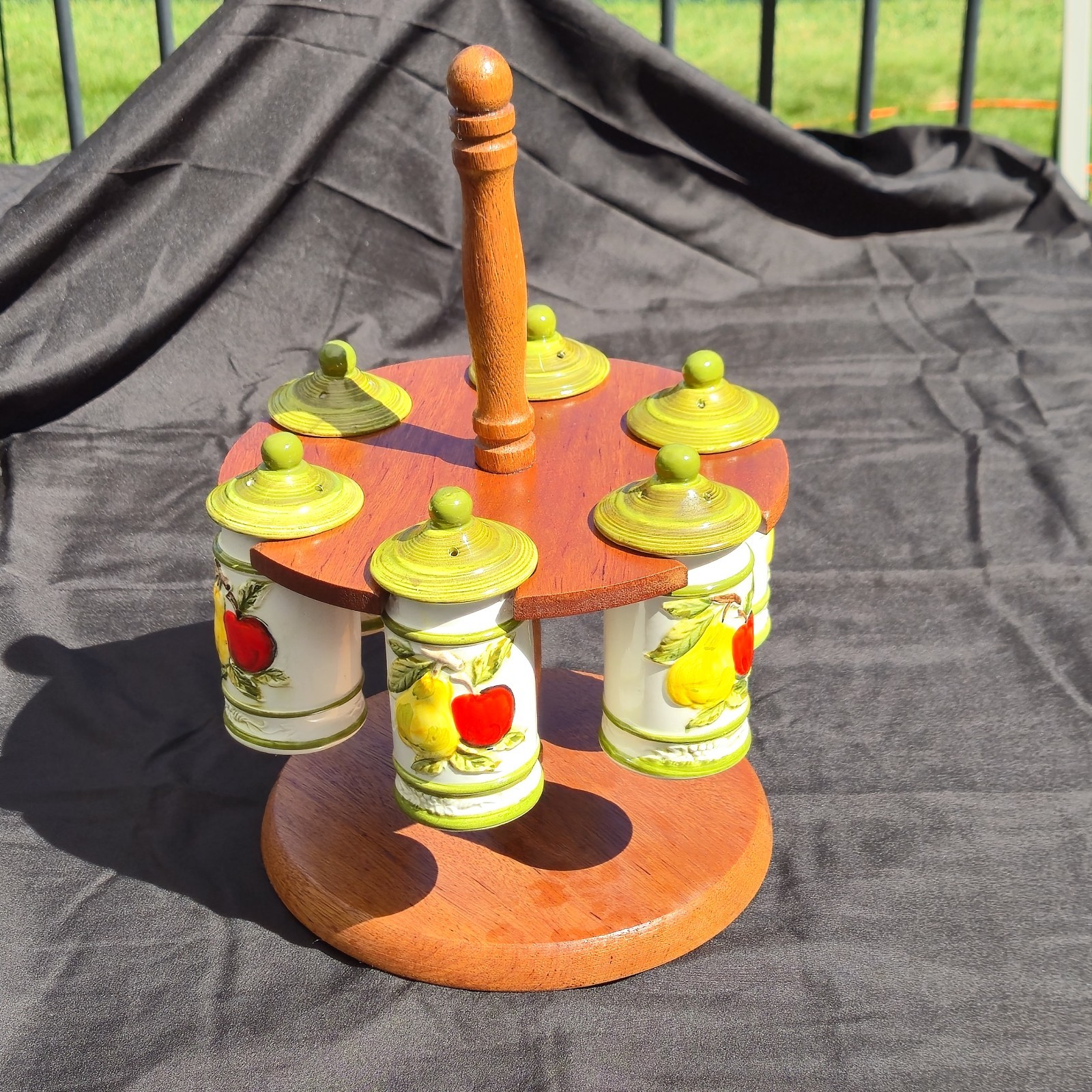 Vintage Mid Century Carousel Spice Rack 6 Ceramic Jars Hand Painted Fruit Japan