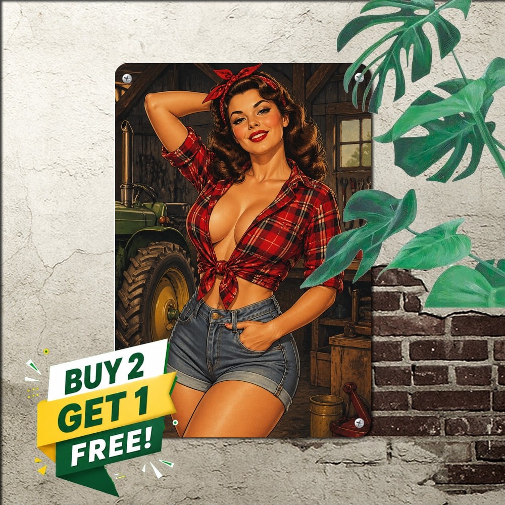 Retro Daisy Pinup Girl Cowgirl Tractor Sign Garage Man Cave Metal Decor