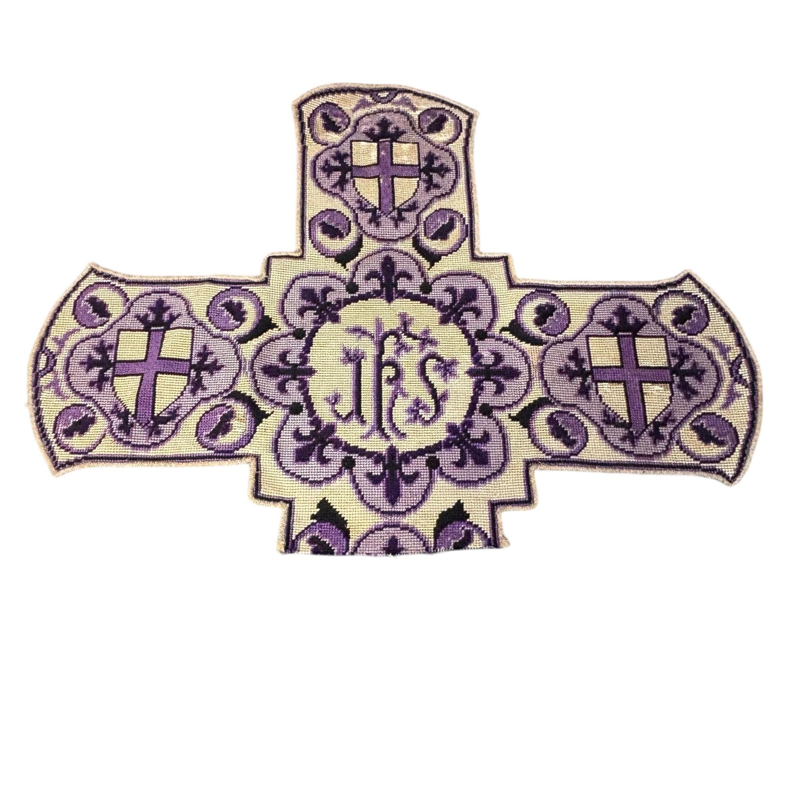 Vintage Church IHS Orphrey Cross Panel Purple Needlepoint Embroidered Applique