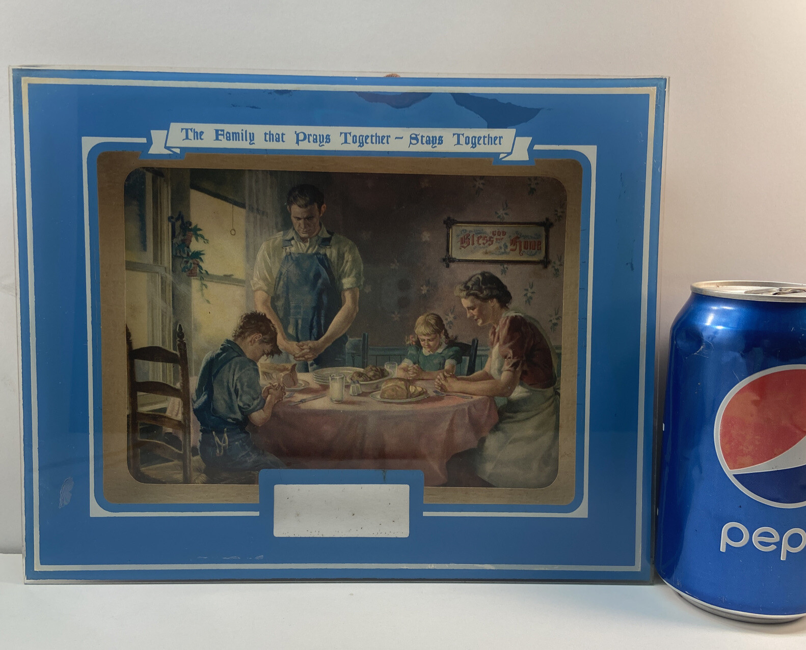 Vtg 30-40’s FAMILY THAT PRAYS TOGETHER STAYS Glass Frame Print Garage AD
