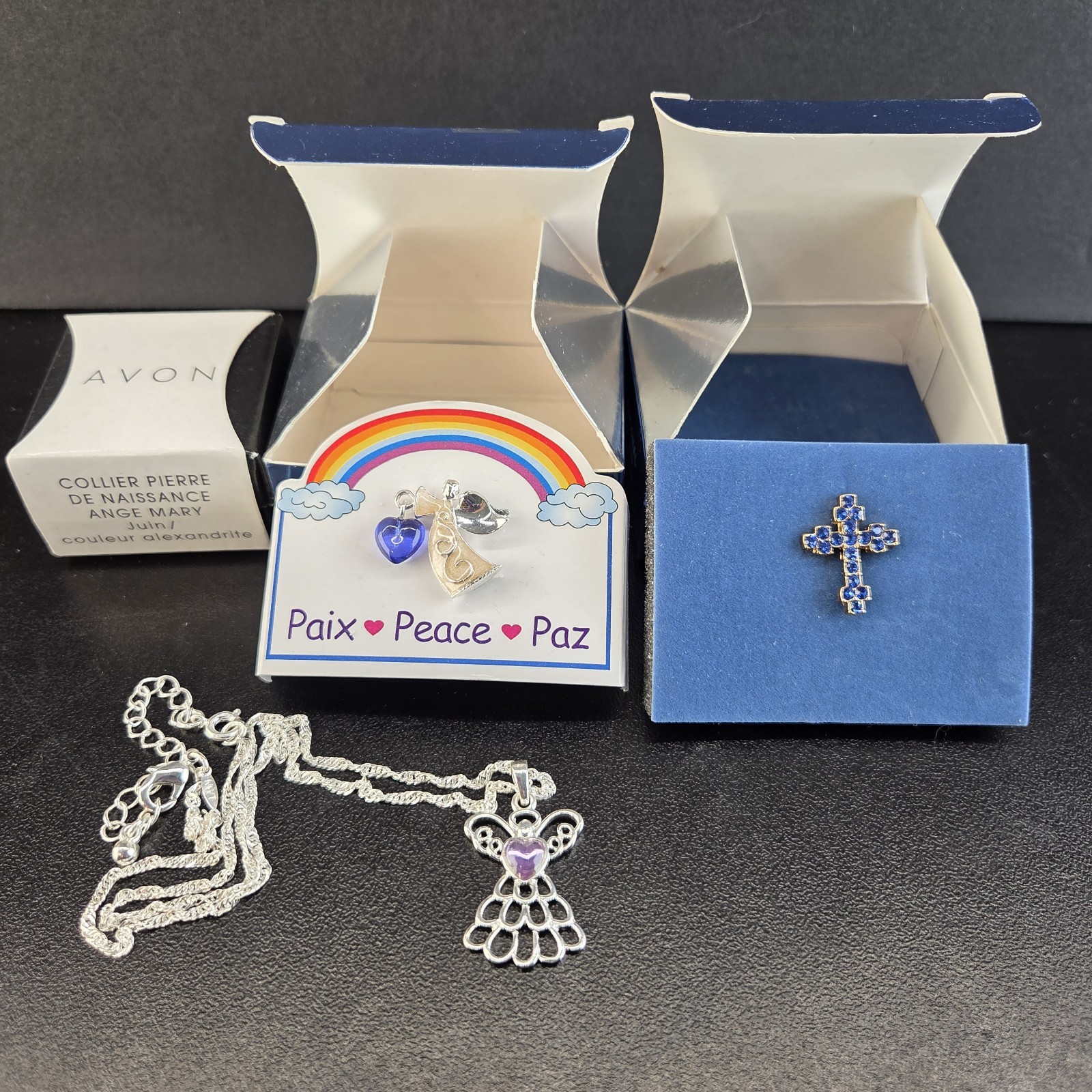 Avon Lot of 3 Religious Angel Cross Birthstone Necklace & Pins w/ Original Boxes