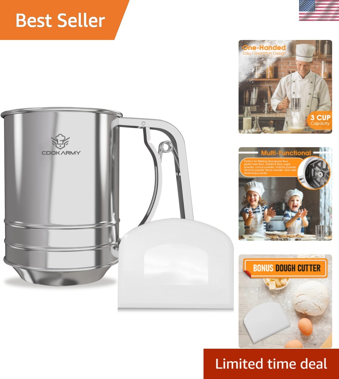 Flour Sifter , 3 Cup Stainless Steel , Great Double-layer Baking Sifters for ...