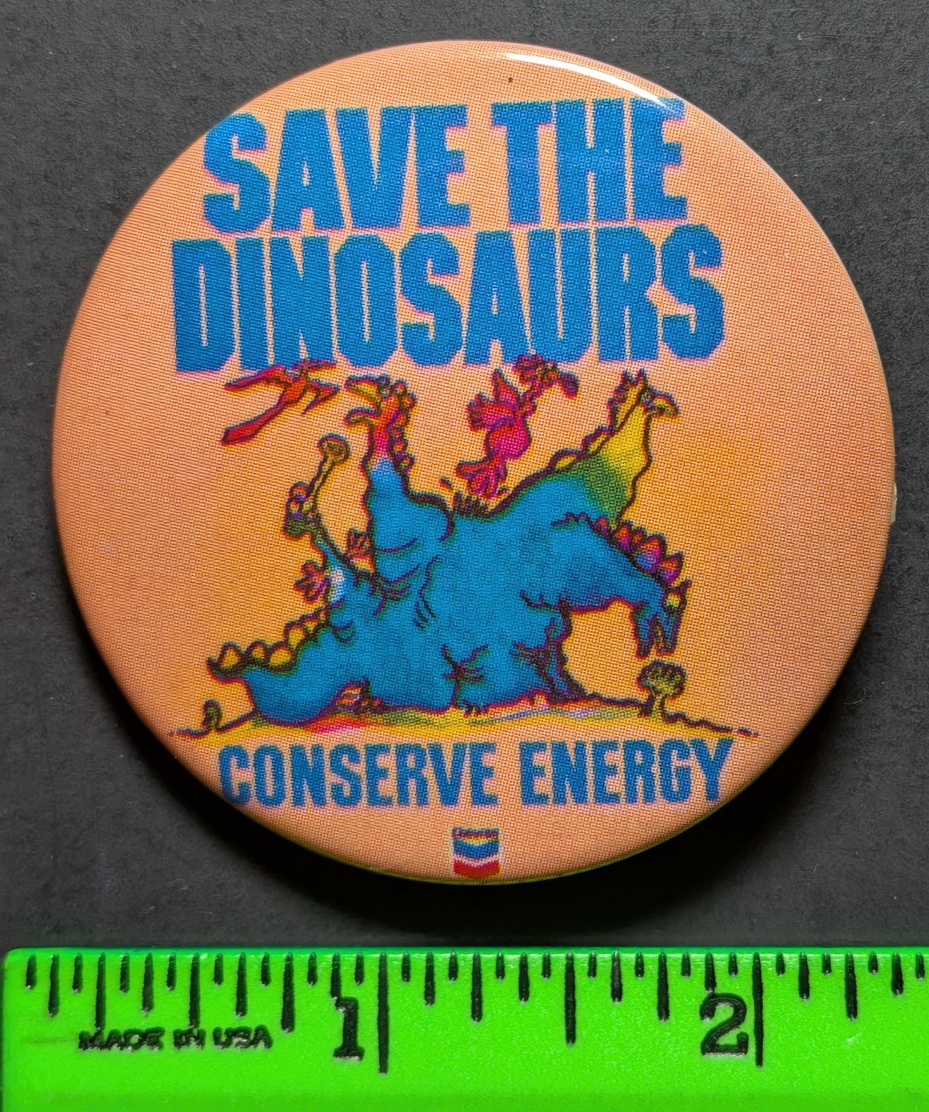 Vintage Save the Dinosaurs Chevron Energy Pinback Pin