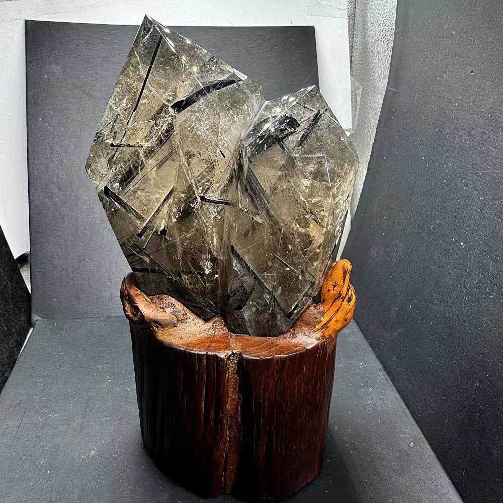 6.61LB Natural Black Quartz Rutilated Obelisk Crystal Point Reiki Decor+Stand