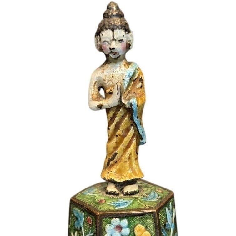 Antique Chinese Cloisonne Enamel Hexagonal Bell Monk Buddha Figure Green Floral Antique Chinese Cloisonne Enamel Hexagonal Bell Monk Buddha Figure Green Floral