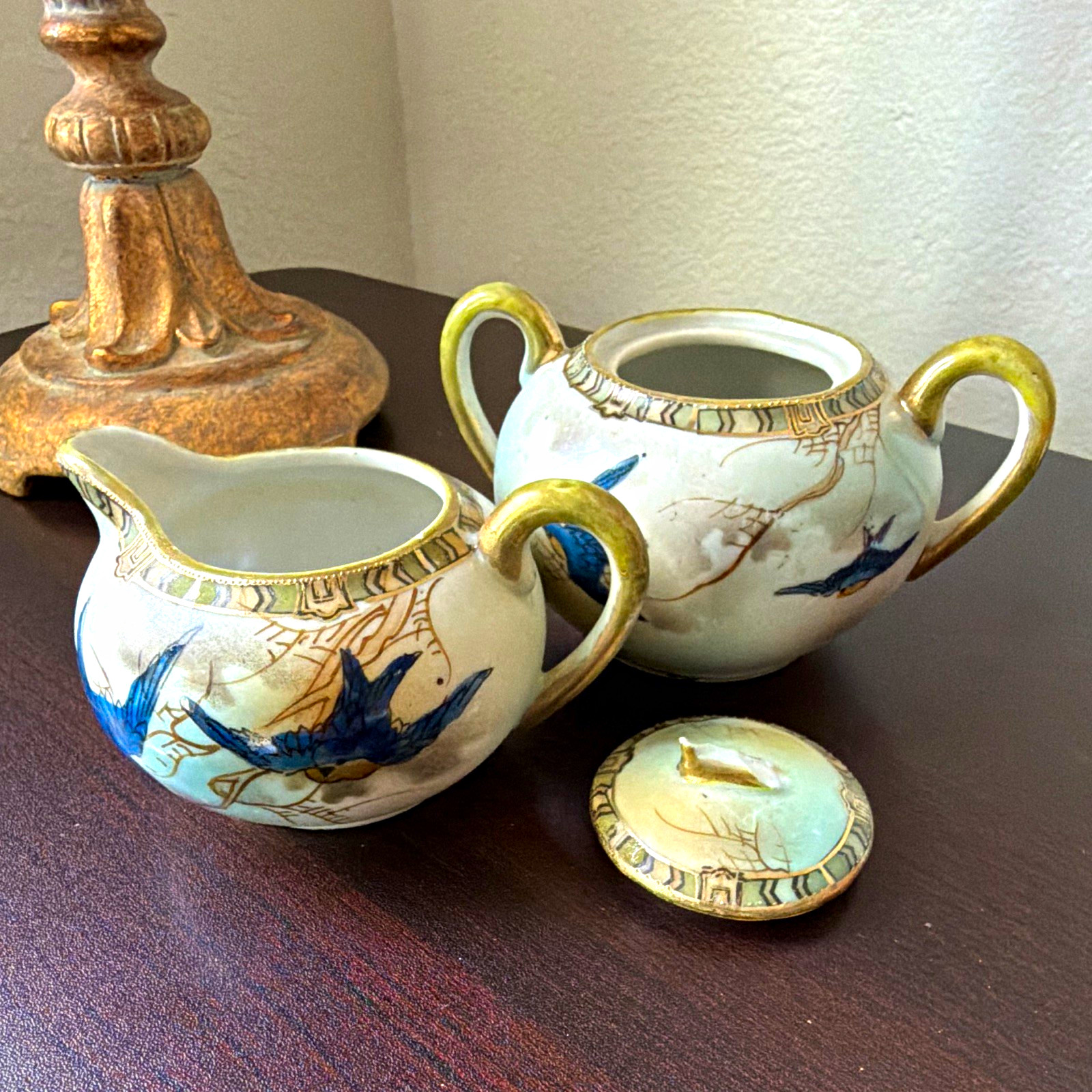 Nagoya Shofu Nippon Porcelain Creamer & Sugar Set Bird Blue Gold Trim Lid AS IS