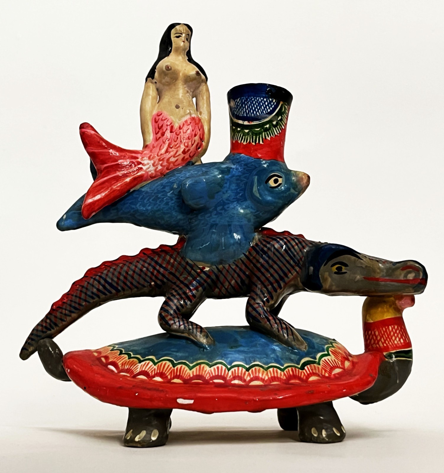 MEXICAN IZUCAR DE MATAMOROS PUEBLA CERAMIC CLAY STACKED MERMAID FISH CANDLESTICK