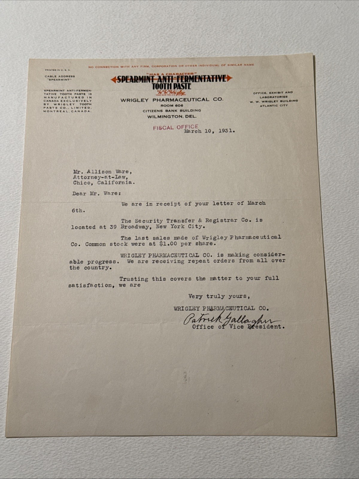 Wrigley Spearmint Toothpaste Letterhead 1931 Stock Receipt Wrigley Spearmint Toothpaste Letterhead 1931 Stock Receipt