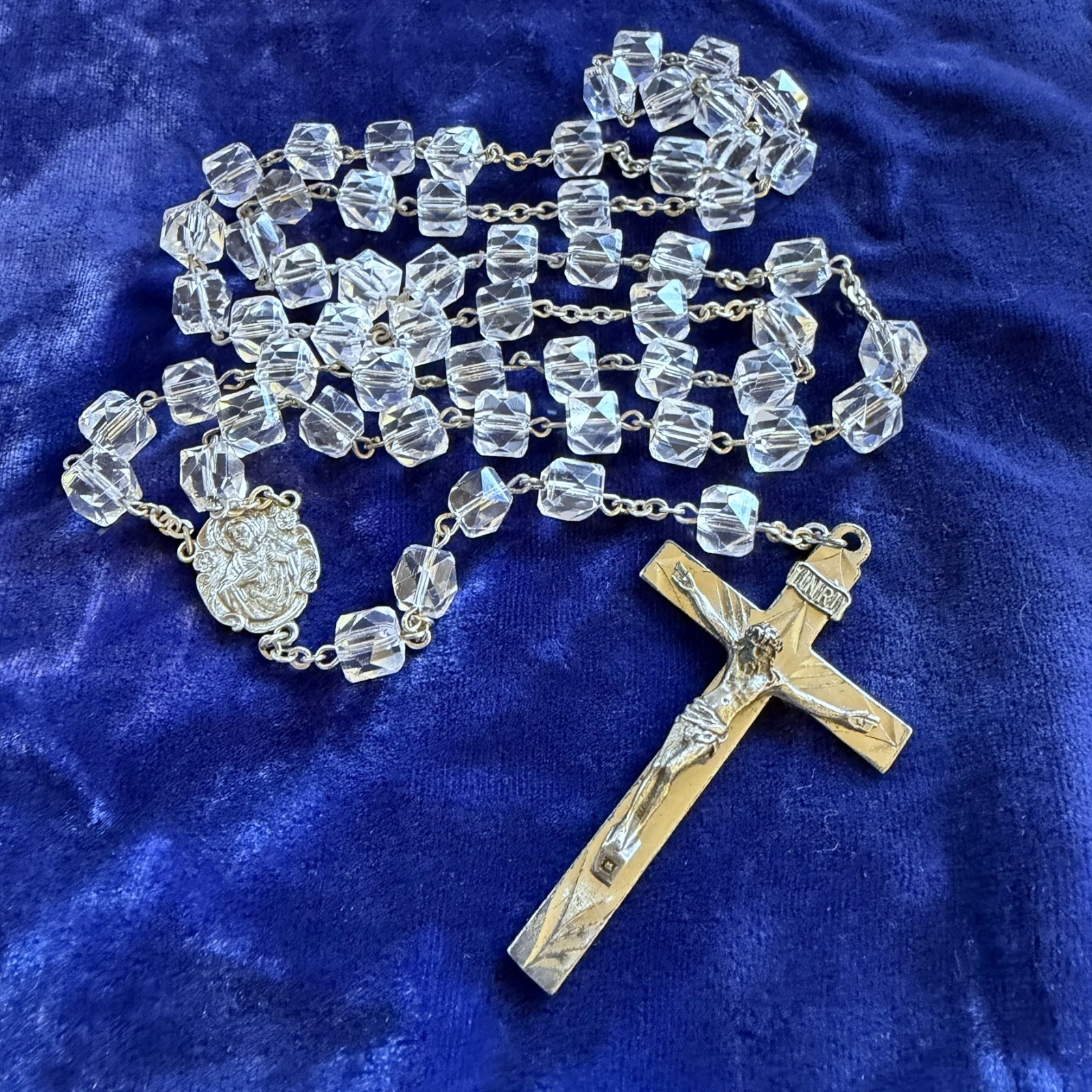 Vintage Faceted SQUARE Crystal & 925 Sterling Silver Catholic Rosary 46.3g
