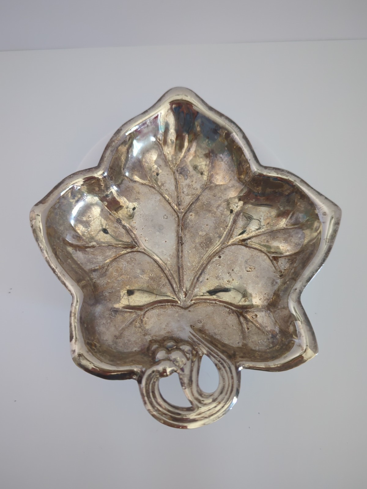 Vintage Silver Tone Leaf Dish Hong Kong 6in Trinket Tray Silverplate Metalware