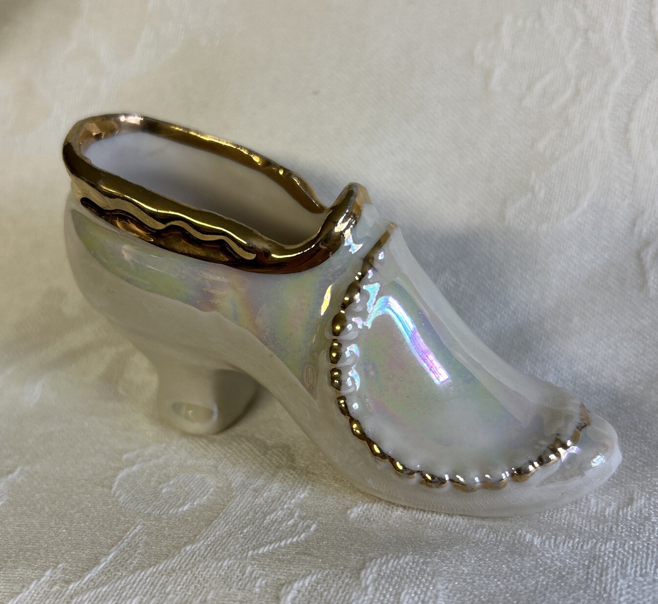 Vintage - White Mother of Pearl with Gold Trim - Porcelain Shoe Slipper