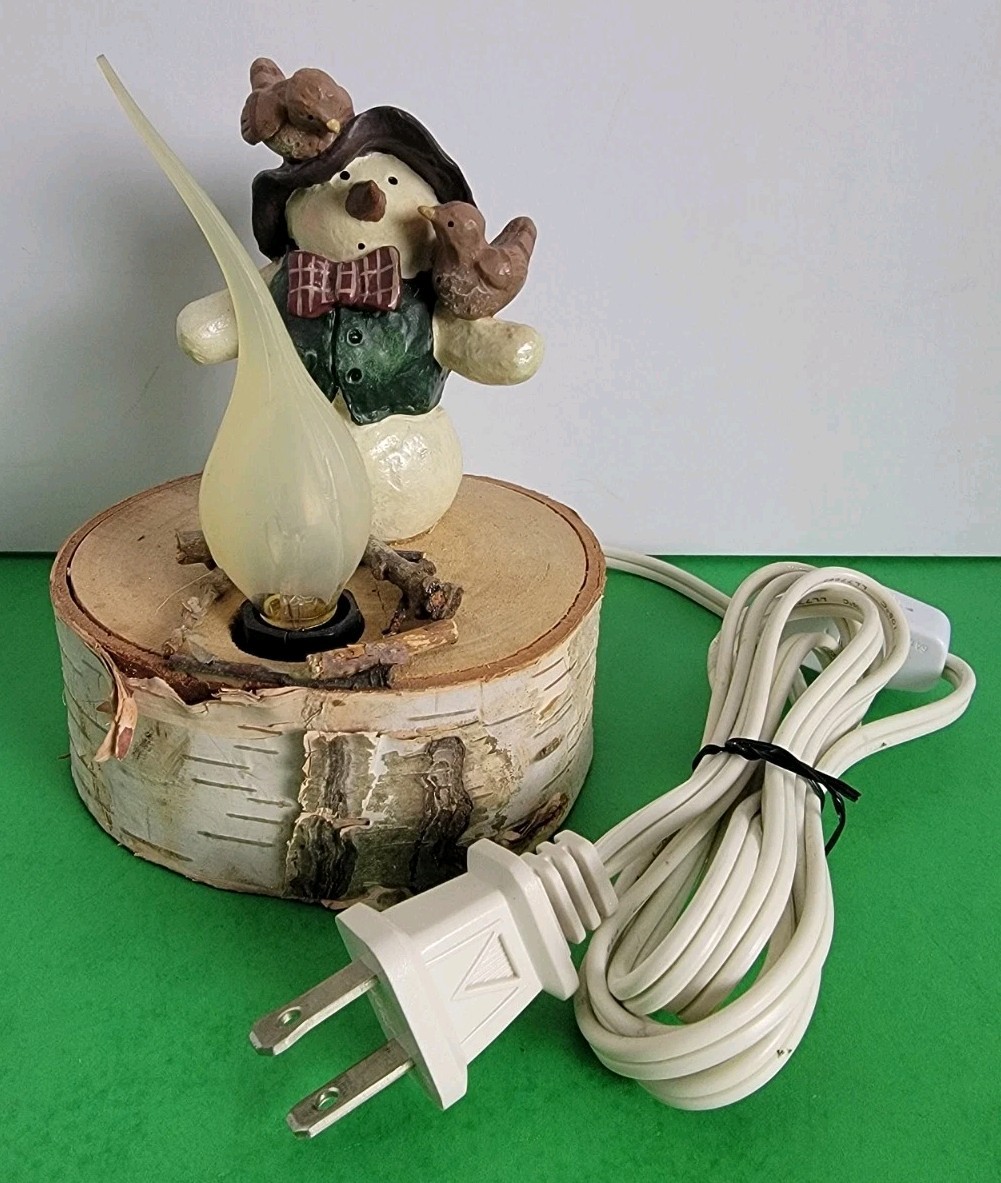Vintage Snowman Campfire Light Christmas Decor On A Birch Base Vintage Snowman Campfire Light Christmas Decor On A Birch Base
