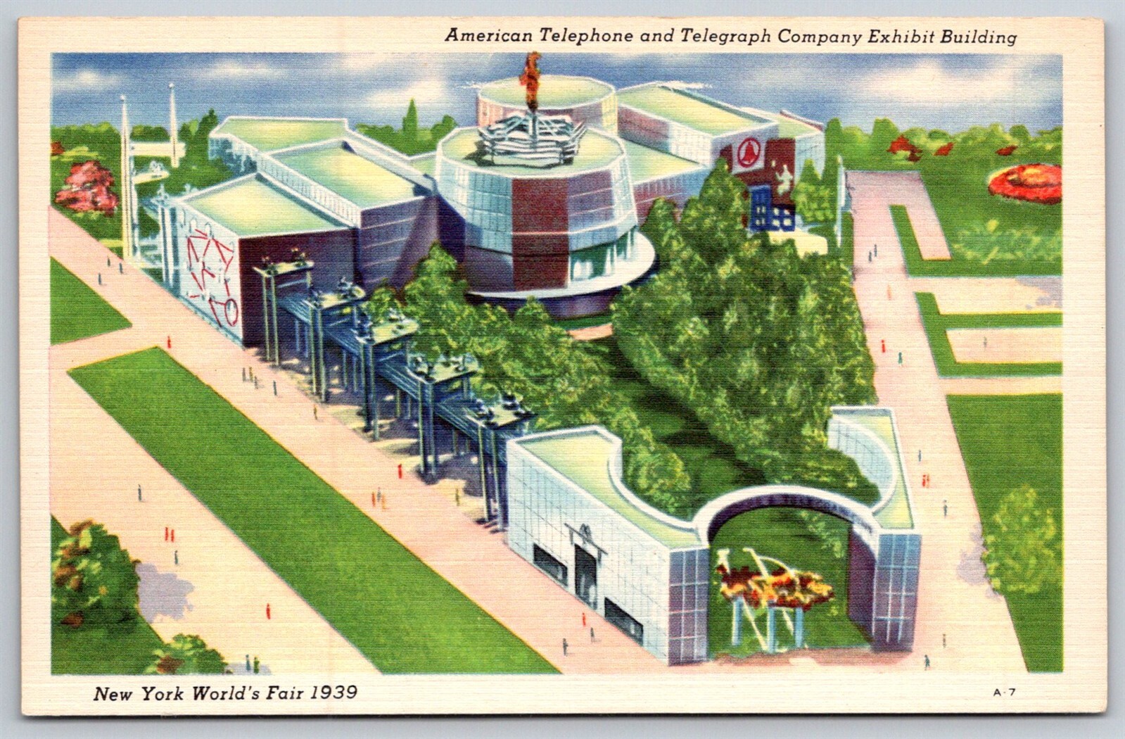 NY Worlds Fair 1939 Linen Postcard American Telephone Telegraph Exhibit Aerial