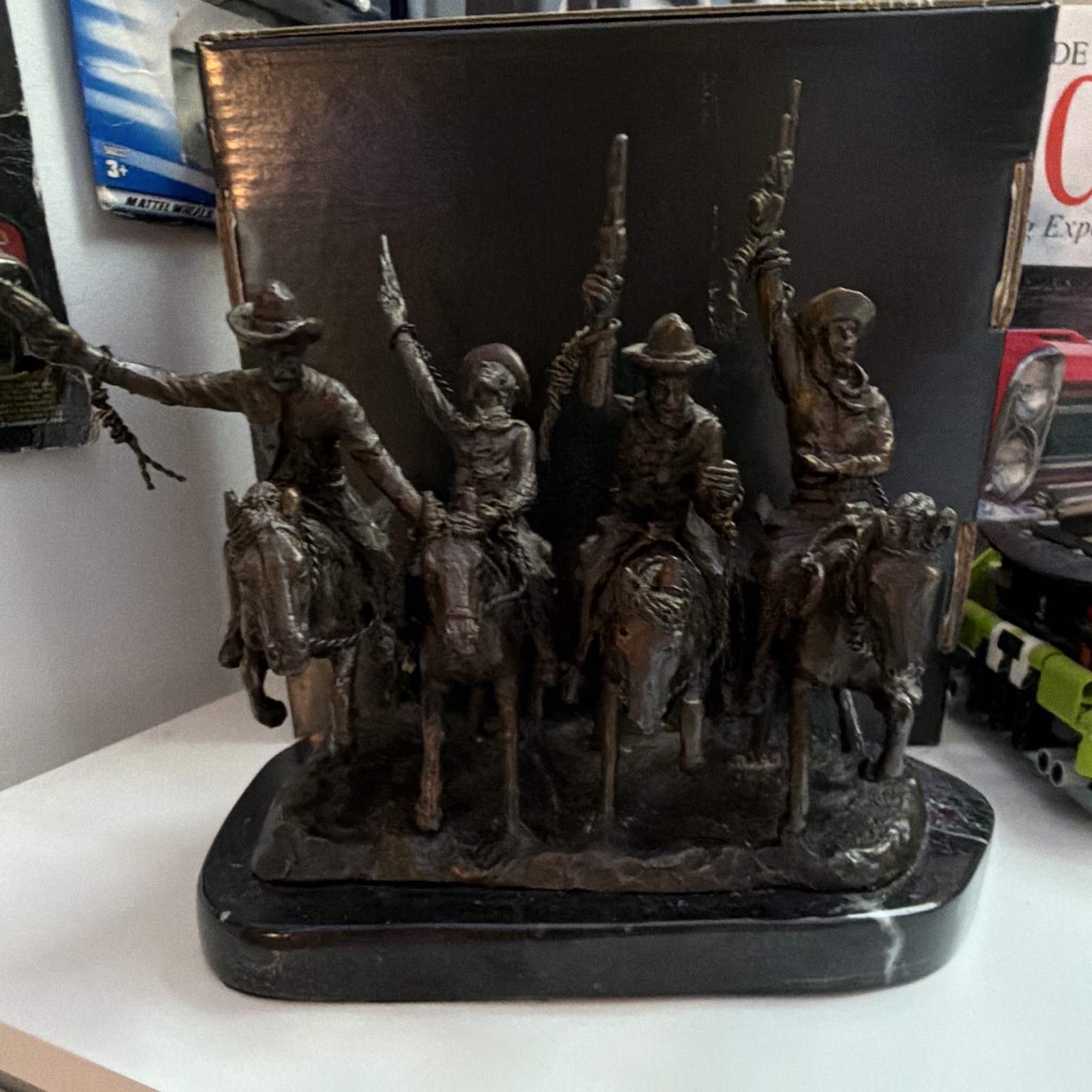 Western Americana Bronze Intricate Cowboy Riders Statue on Marble Base