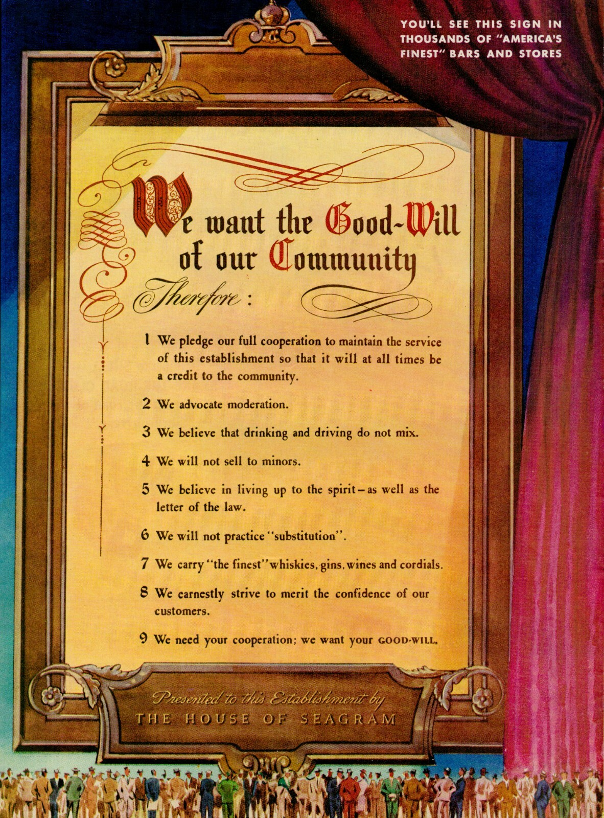 1939 SEAGRAM\'S WHISKEY House Of Seagram Good-Will Pledge Sign Vintage Print Ad