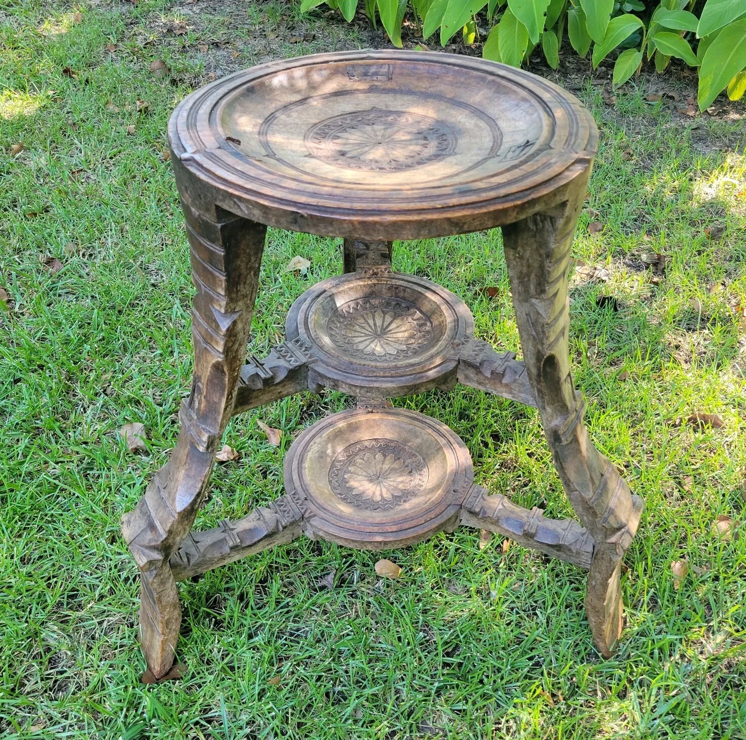Vintage African Carved Wooden Table Plant Stand 3 Tier Primitive Joinery Boho