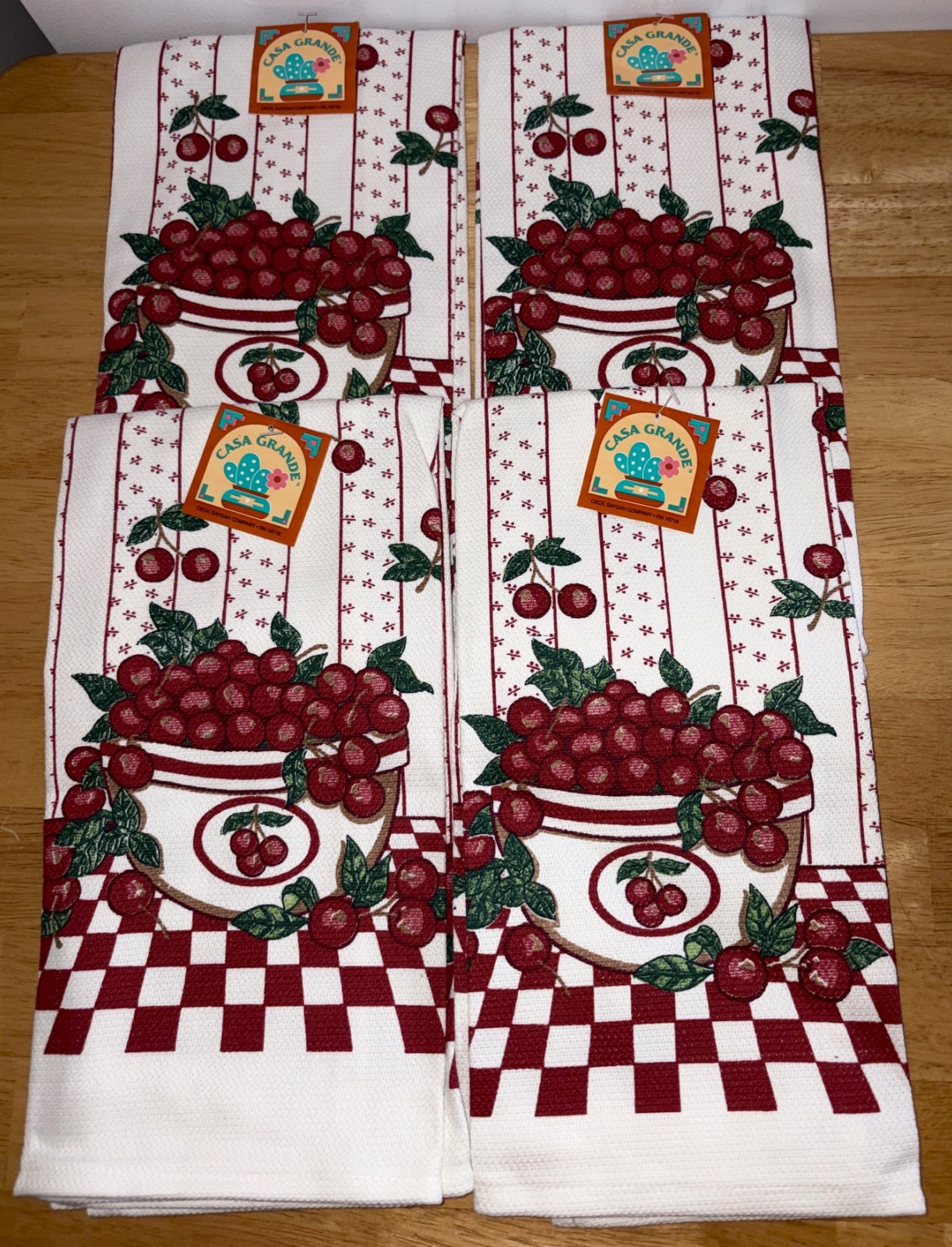 4 Vtg Casa Grande Cecil Saydah Flatweave Kitchen Towels~Cherries~USA~Cotton~New