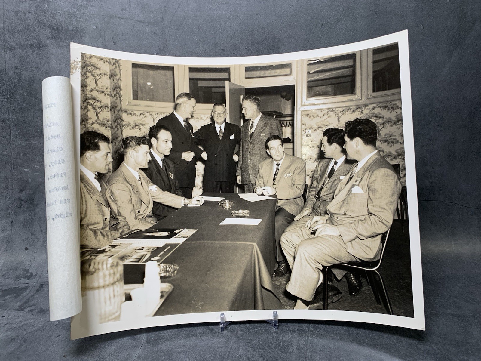 1940s Press Photo - Clark Shaughnessy Attending Football Clinic Meeting 1940s Press Photo - Clark Shaughnessy Attending Football Clinic Meeting