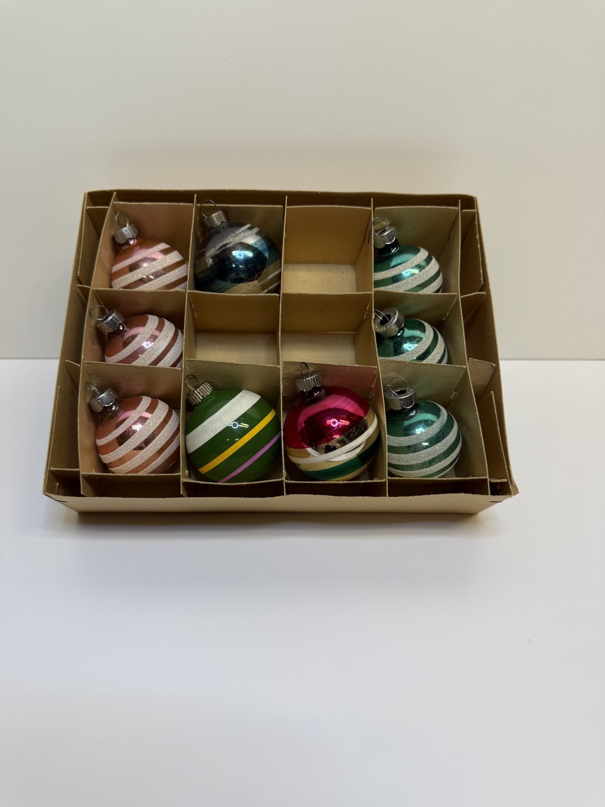 Vintage Mid-Century Glass Ornaments Lot of 9 – Spiral & Stripe Aqua, Pink & Mult