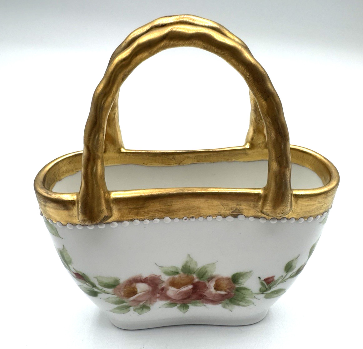 Vintage Porcelain Flowers Design Small Basket Decor Trim In Gold signed 4\