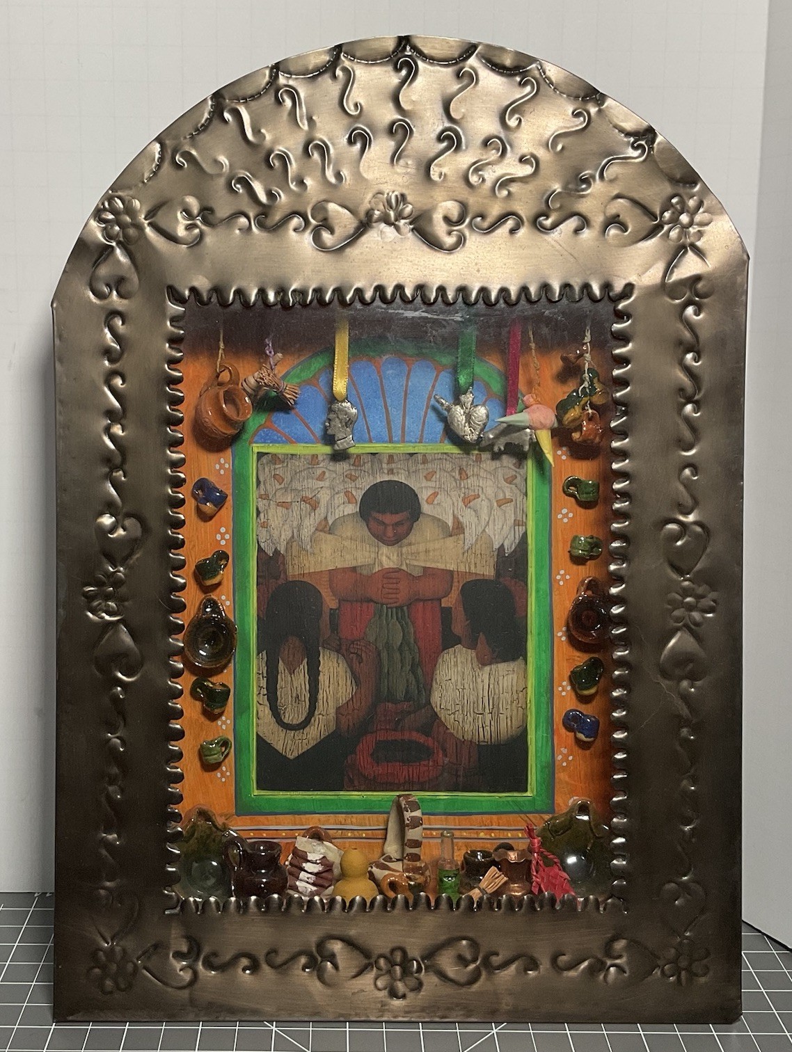 Vintage Mexican Folk Art Hinged Shadow Box Diego Rivera Flower Day Niche Shrine 