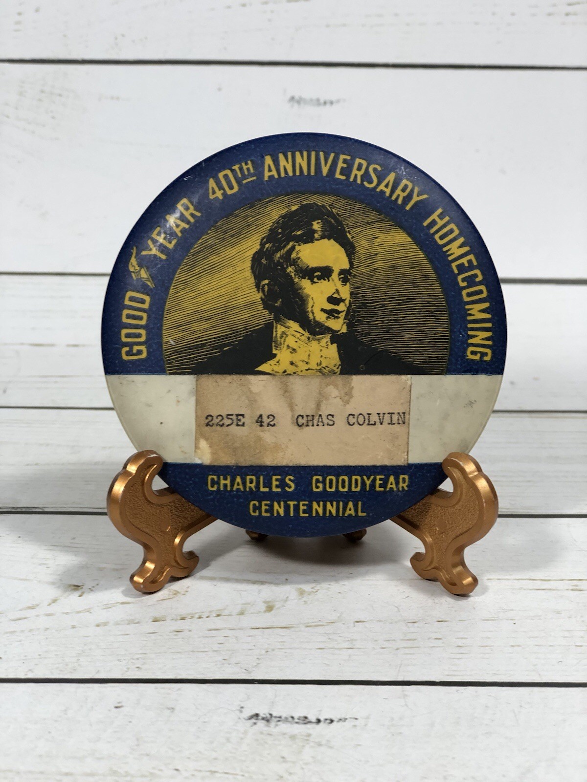 Good Year 40th Anniversary Homecoming, Charles Goodyear Centennial pin 1938 VTG