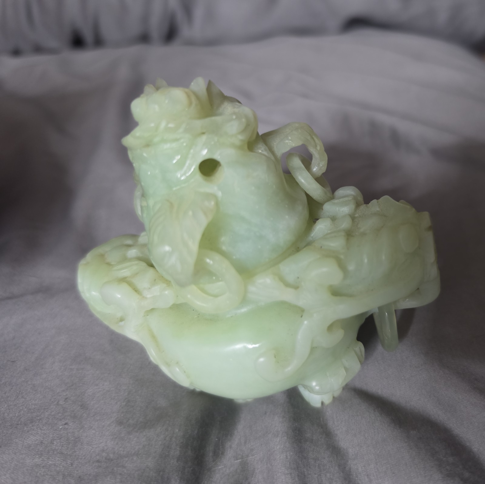 Vintage Chinese Carved Celadon Jade Dragon Tripod Incense Burner Censer As-Is