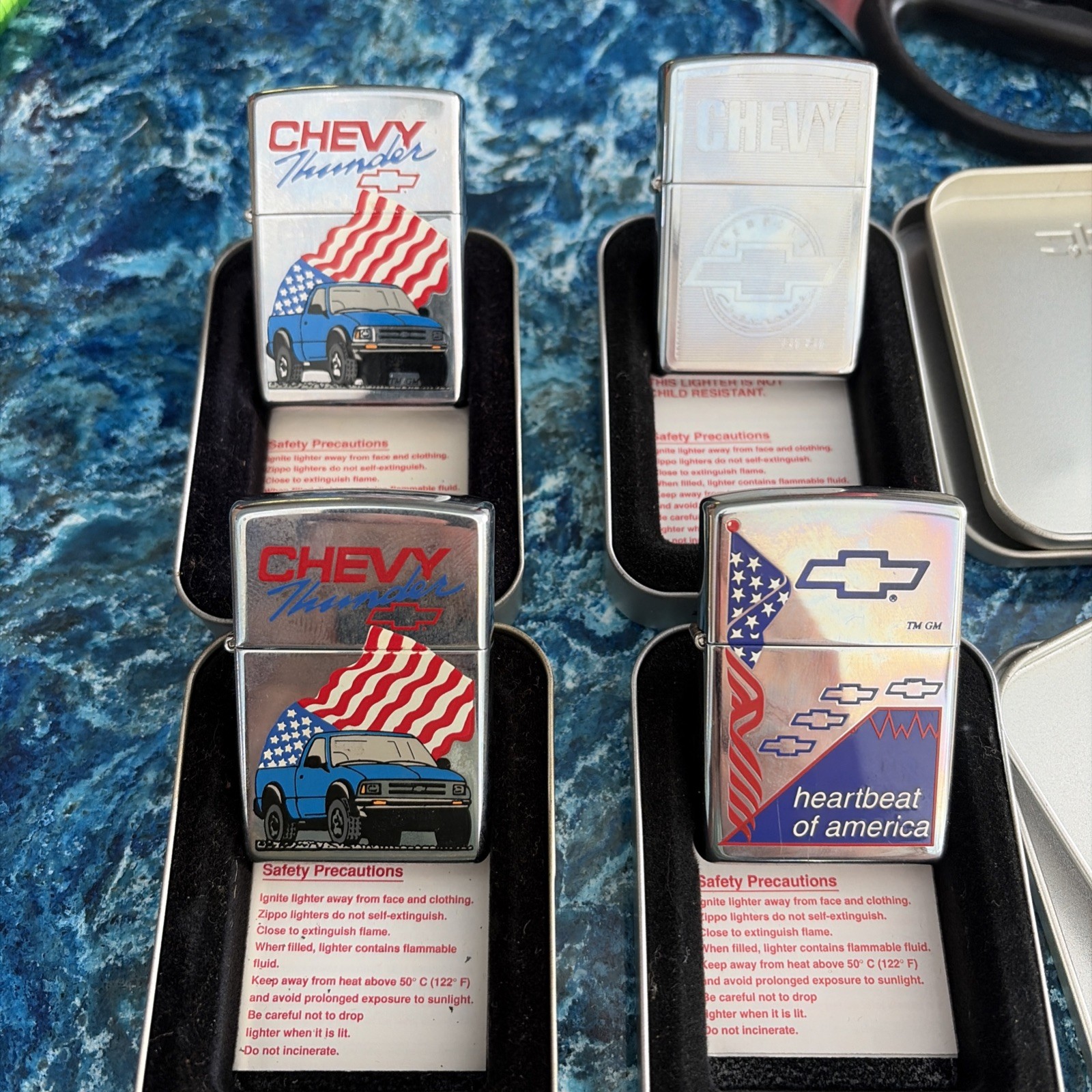 4-Zippo Cigarette Lighters Chevy Chevrolet Bowtie Thunder Heartbeat New