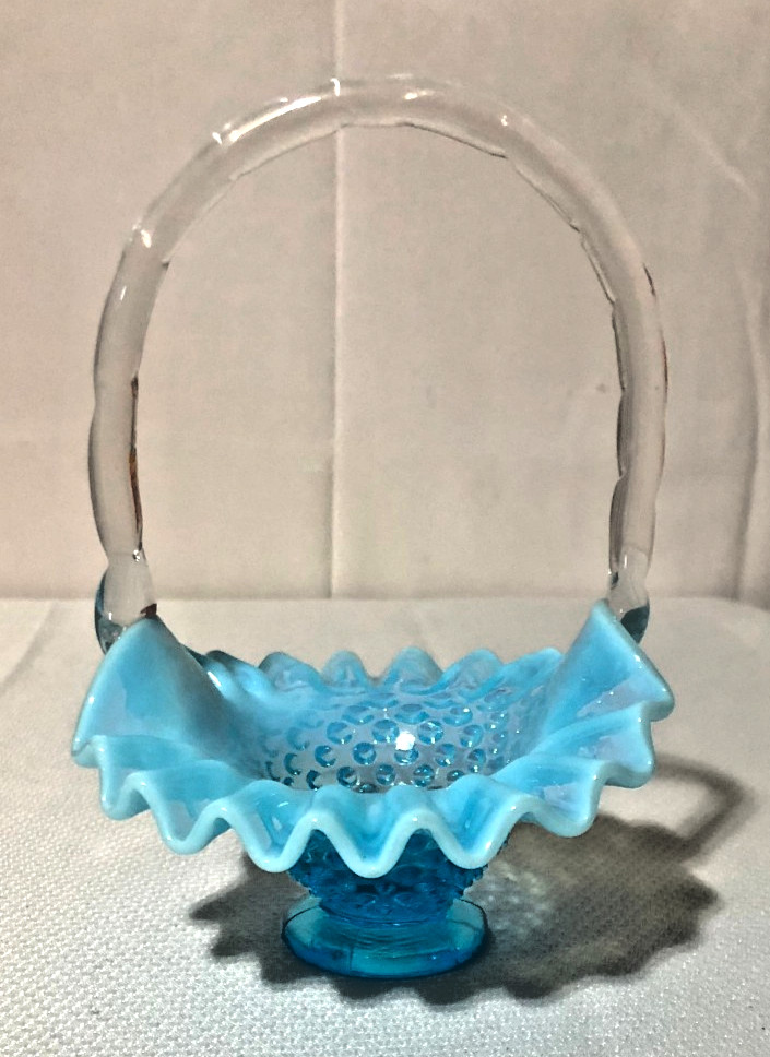 Vintage Fenton Blue Opalescent Glass Hobnail Miniature Basket/Bamboo Handle