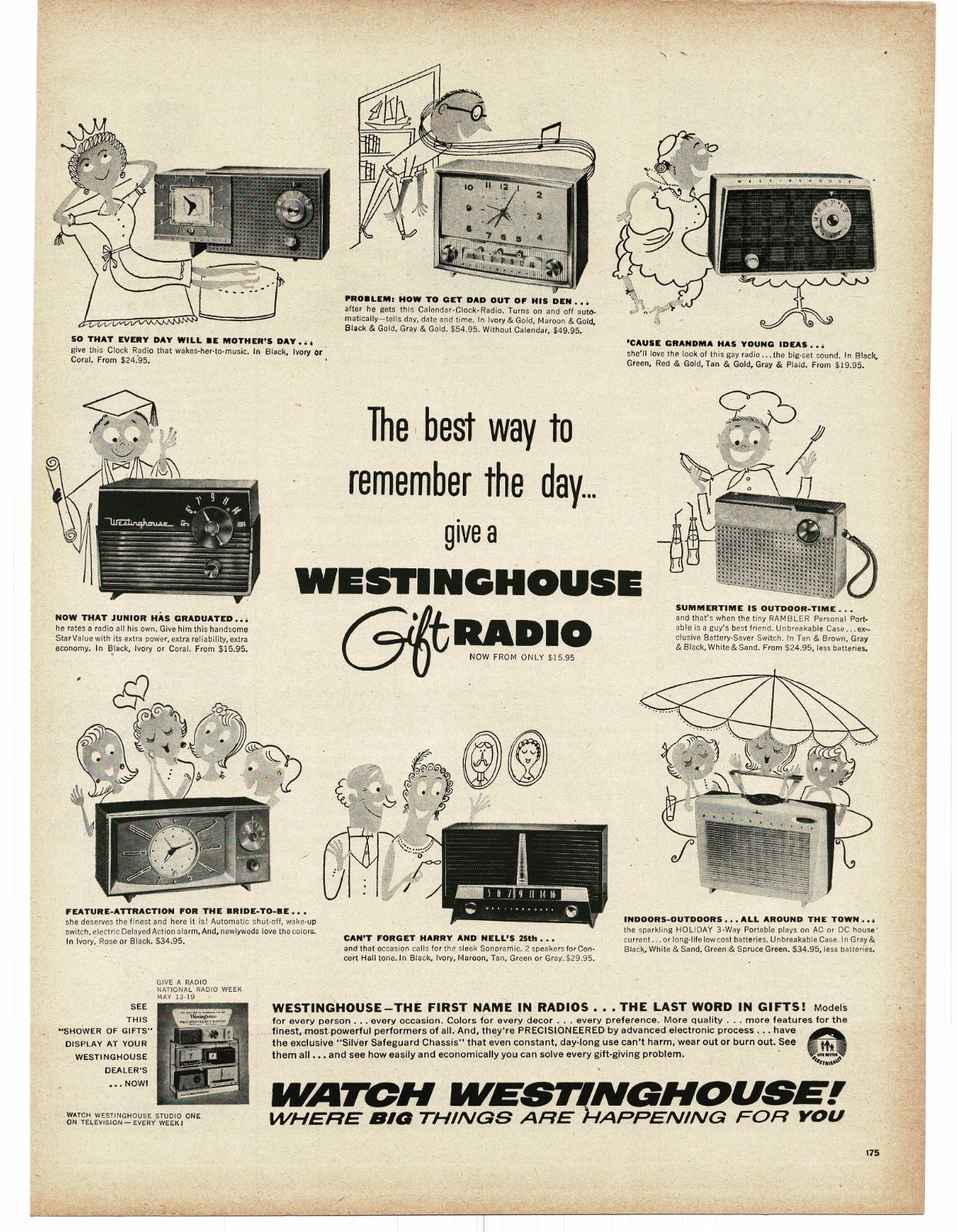 1956 Westinghouse Electric Radio Portable Tabletop Clock Vintage Print Ad