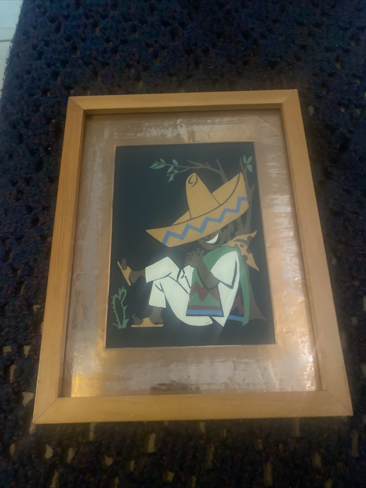 Old  Mexican Folk Art Siesta Sleeping Man Painting  Hand Pounded Copper Frame 
