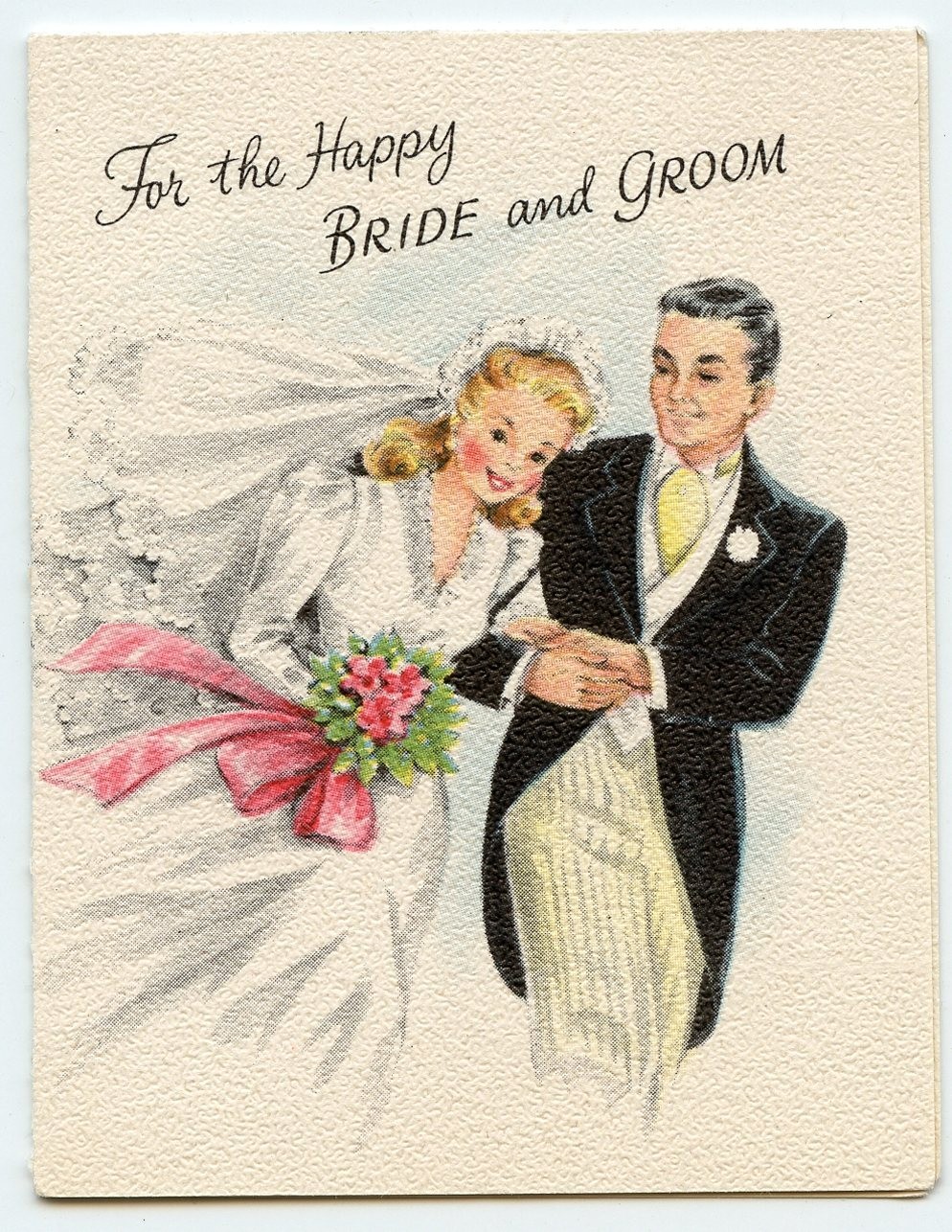FOR THE HAPPY BRIDE and GROOM - 1940\'s Wedding small Greeting Card - unsigned