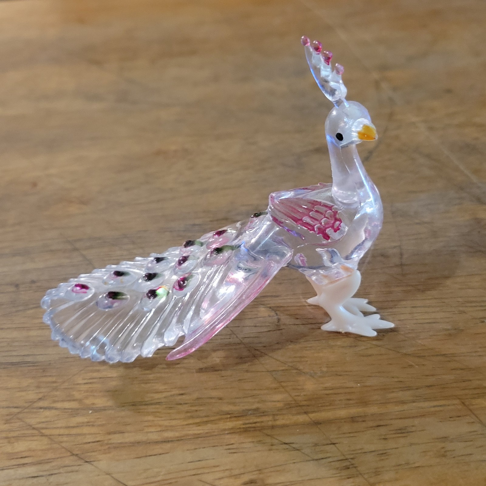 Vintage Peacock Figure Lucite Acrylic Hong Kong Clear Pink RARE