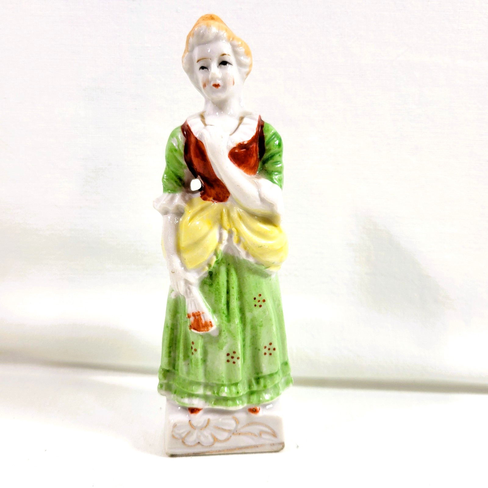 Vintage Porcelain Colonial Lady Figurine Japan Hand Painted Green Dress 5.25