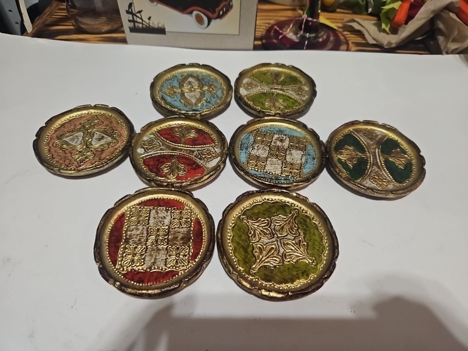 VINTAGE ITALIAN FLORENTINE COASTERS WOODEN SET OF 8