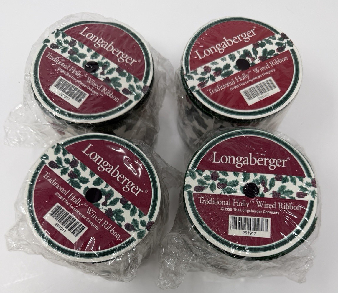4 Packs Longaberger Traditional Holly Wired Ribbon