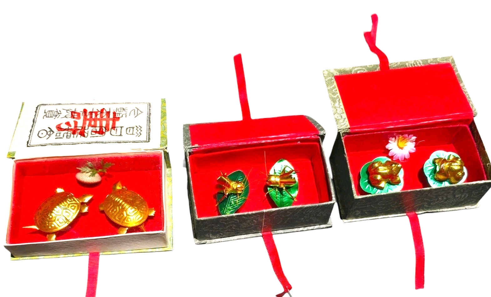 Vintage Chinese Mechanical Trembling Luck Charm Boxes Lot Frogs Crickets Turtles