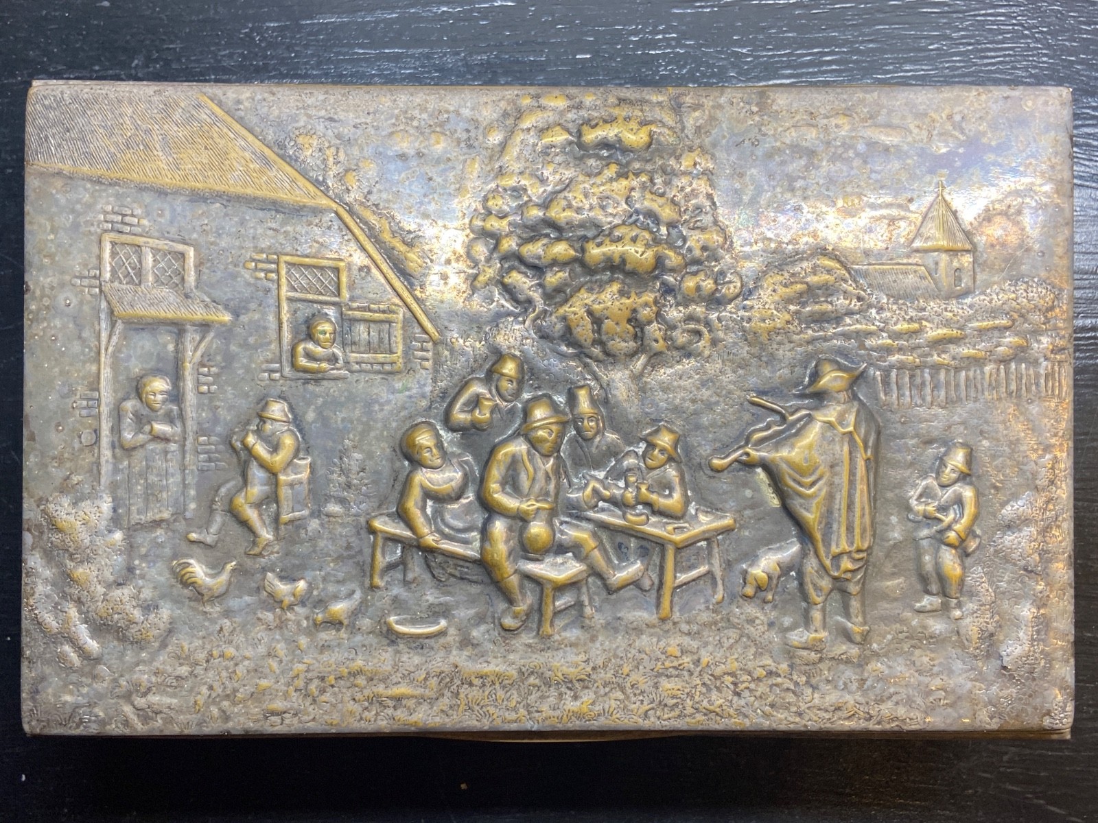 🇩🇰 Hans Jensen Denmark Bronze Relief Box • c.1960s • Wood-Lined Folk Art