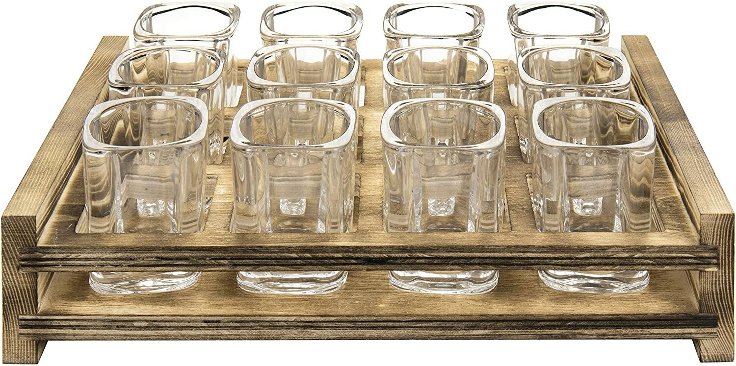 Brwon Wood Tasting Holding Tray, Flight Serving Caddy Set w/ 12 Shot Glasses