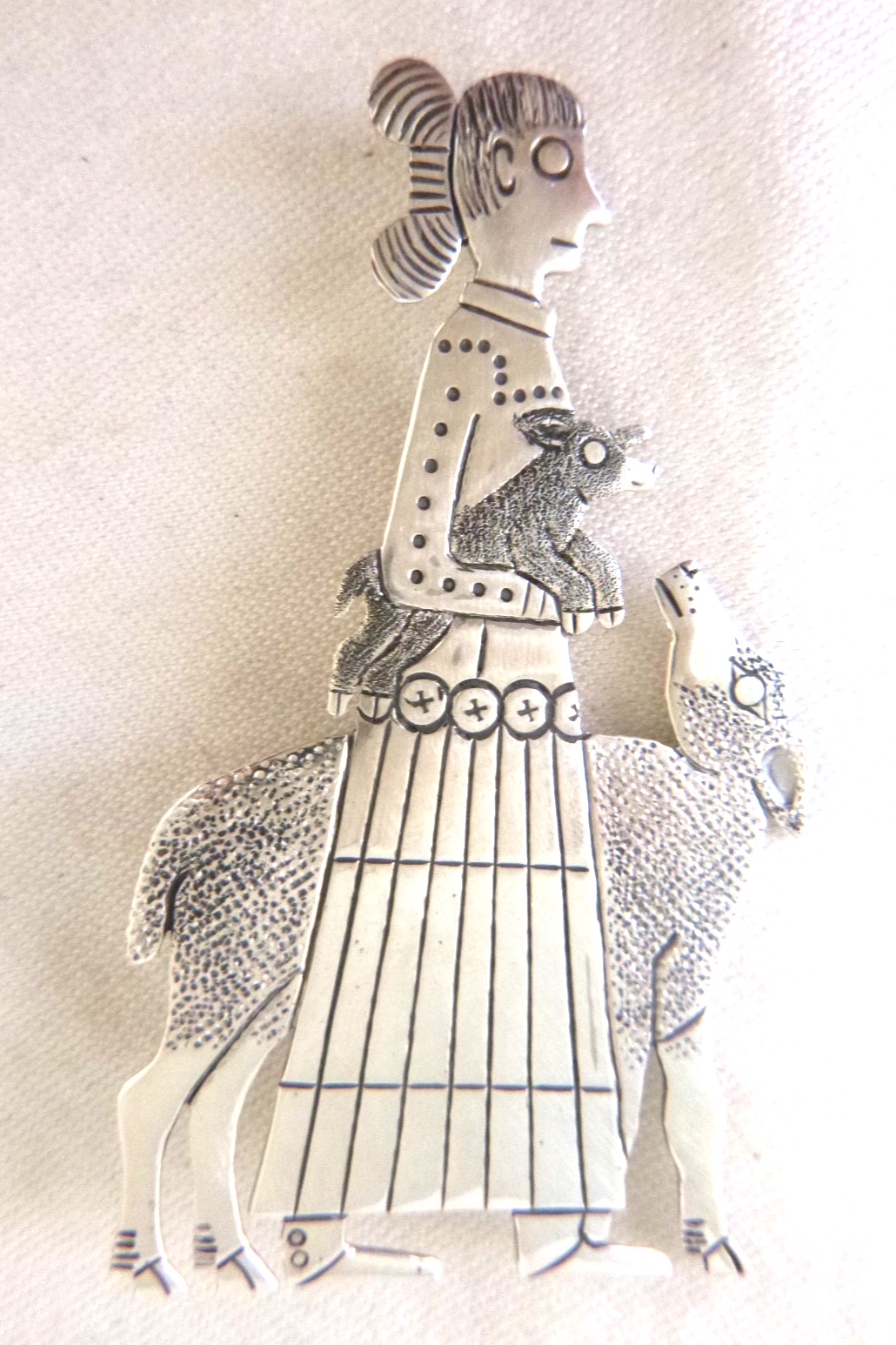 Vintage Clarence Lee Russell Lee Sterling Silver Navajo Woman w/Sheep Brooch Pin