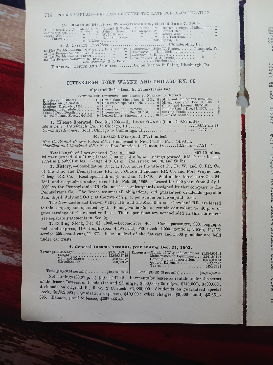 1904 train Report PITTSBURGH FORT WAYNE & CHICAGO RAILWAY Cummings Illinois RR
