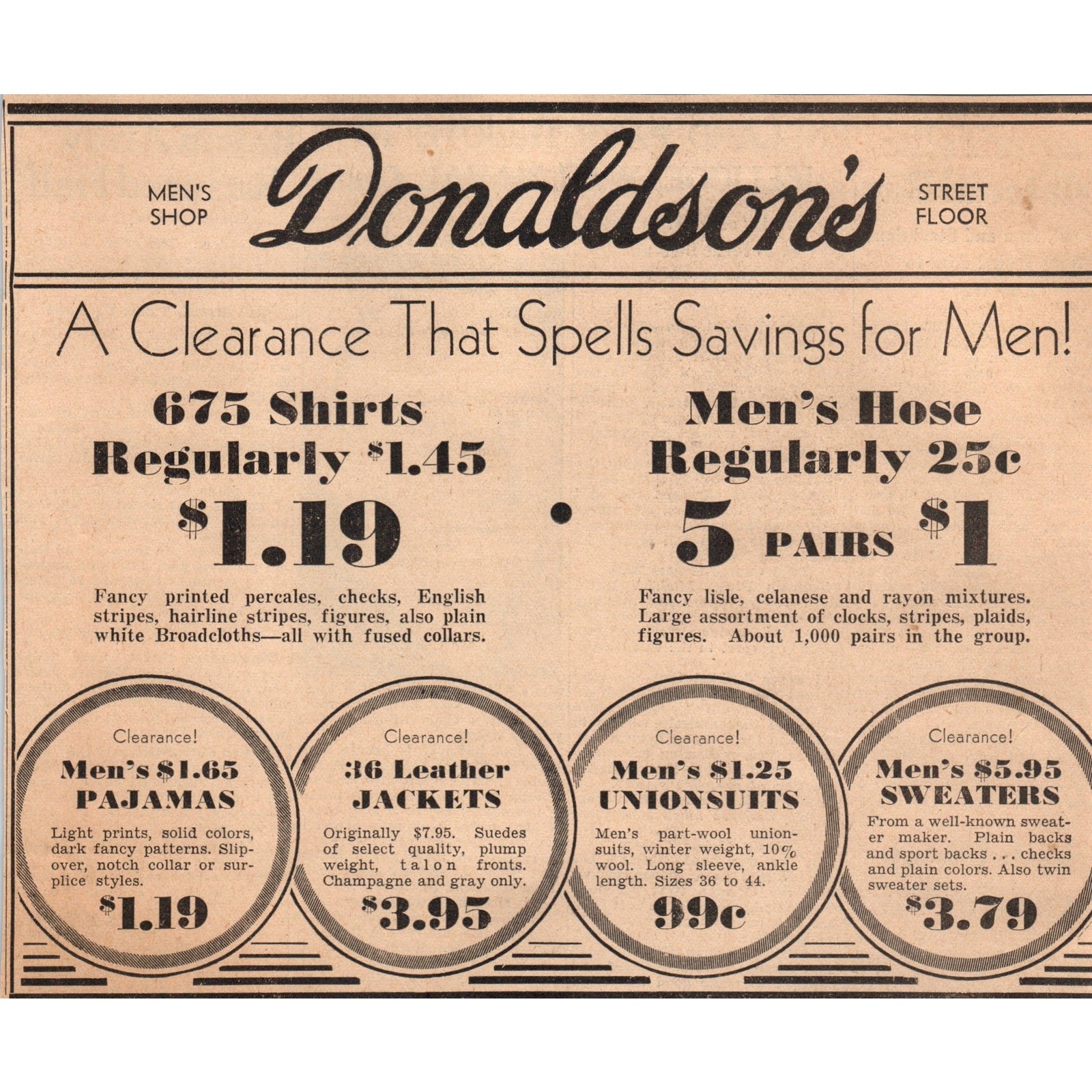 1935 MPLS Journal Newspaper Ad Donaldson\'s Department Store Men\'s Shop FL5-2