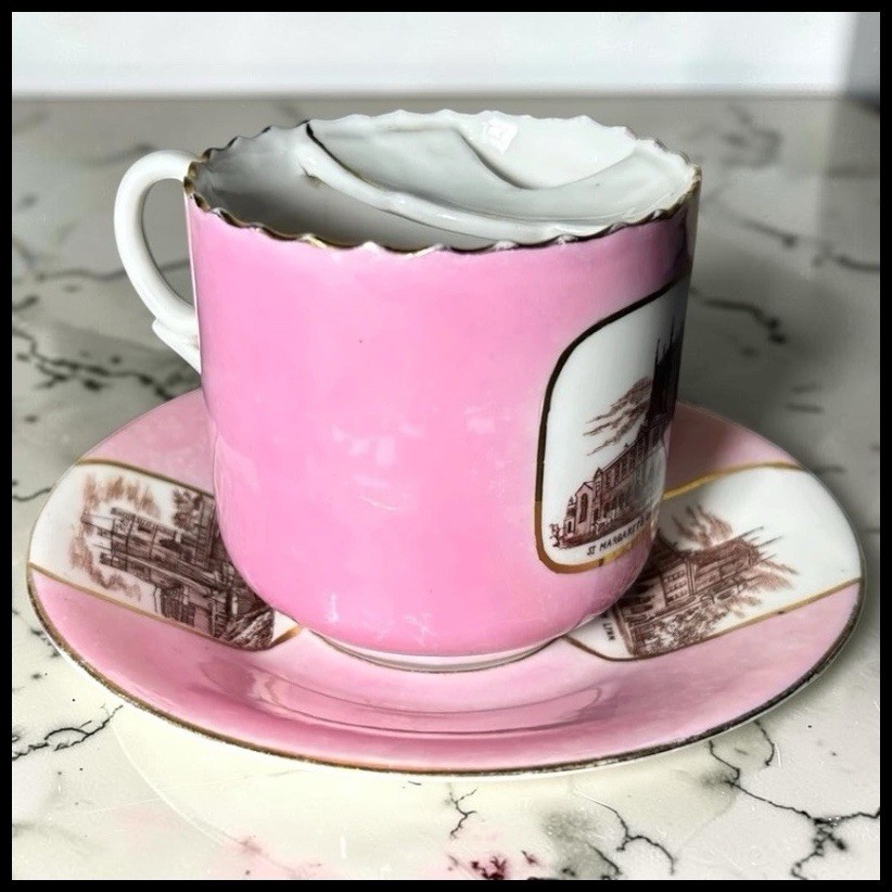 Antique German Porcelain Mustache Cup Saucer Set Pink Gilded St Margarets Lynn