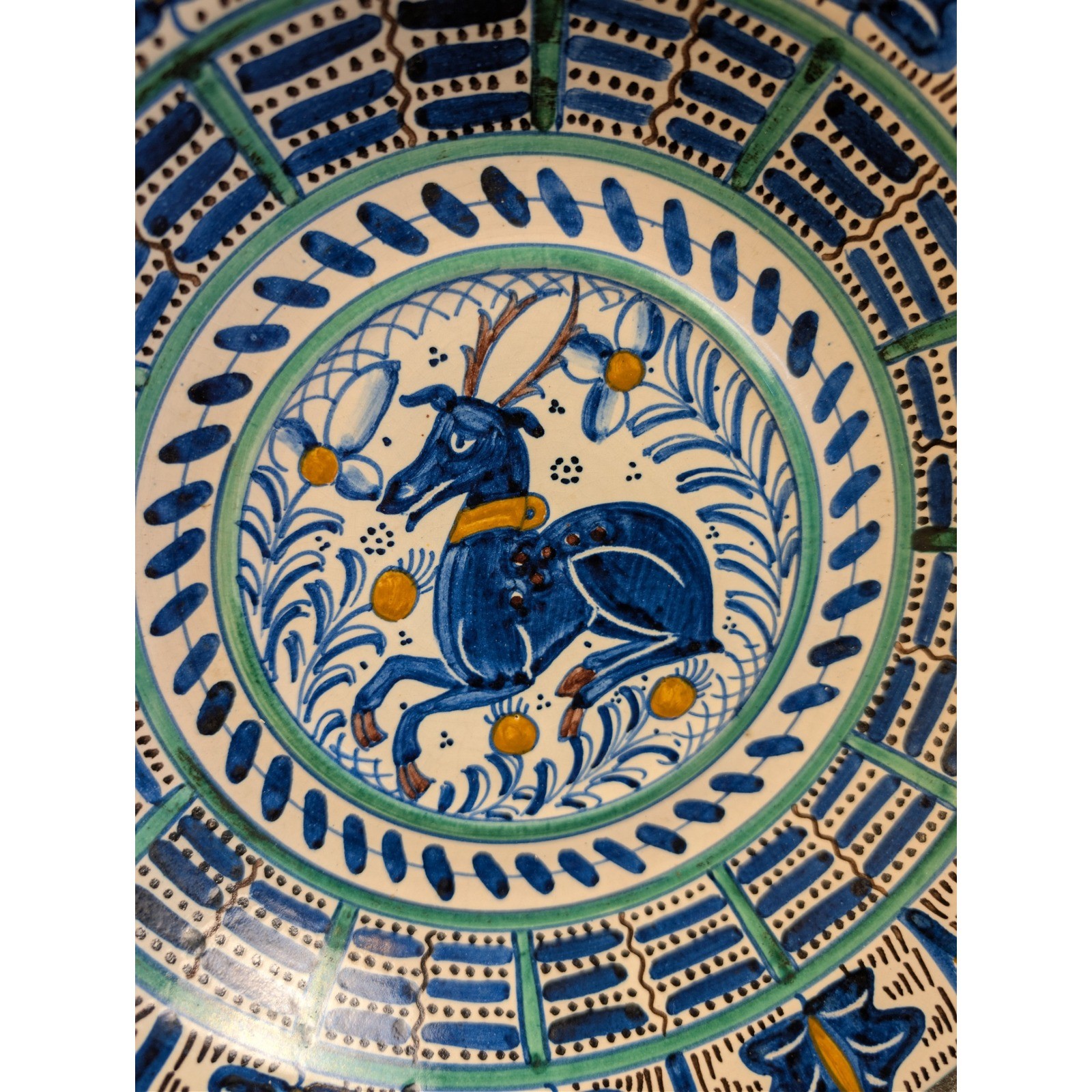 Hand Painted Ceramic Deep Bowl Blue Deer Stag Majolica Style Blue Green Signed